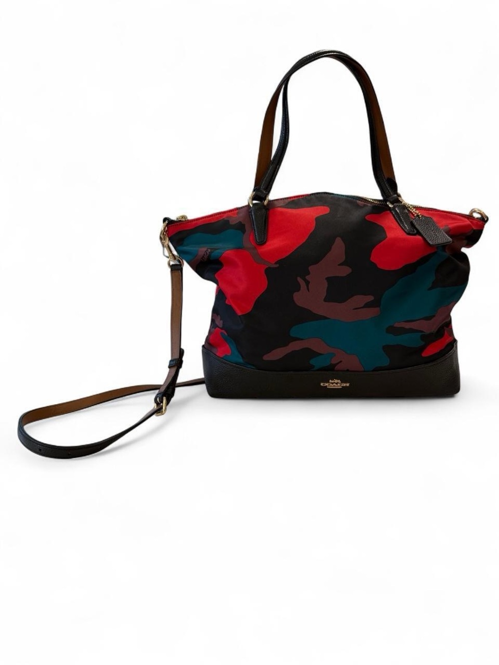 Coach Red Teal and Black Camouflage Tote with Detachable Crossbody Strap